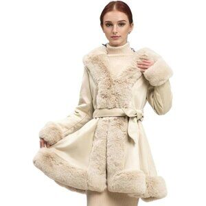 Women’s Beige Winter Faux Fur Leather Coat with Belt Long Sleeve Peplum